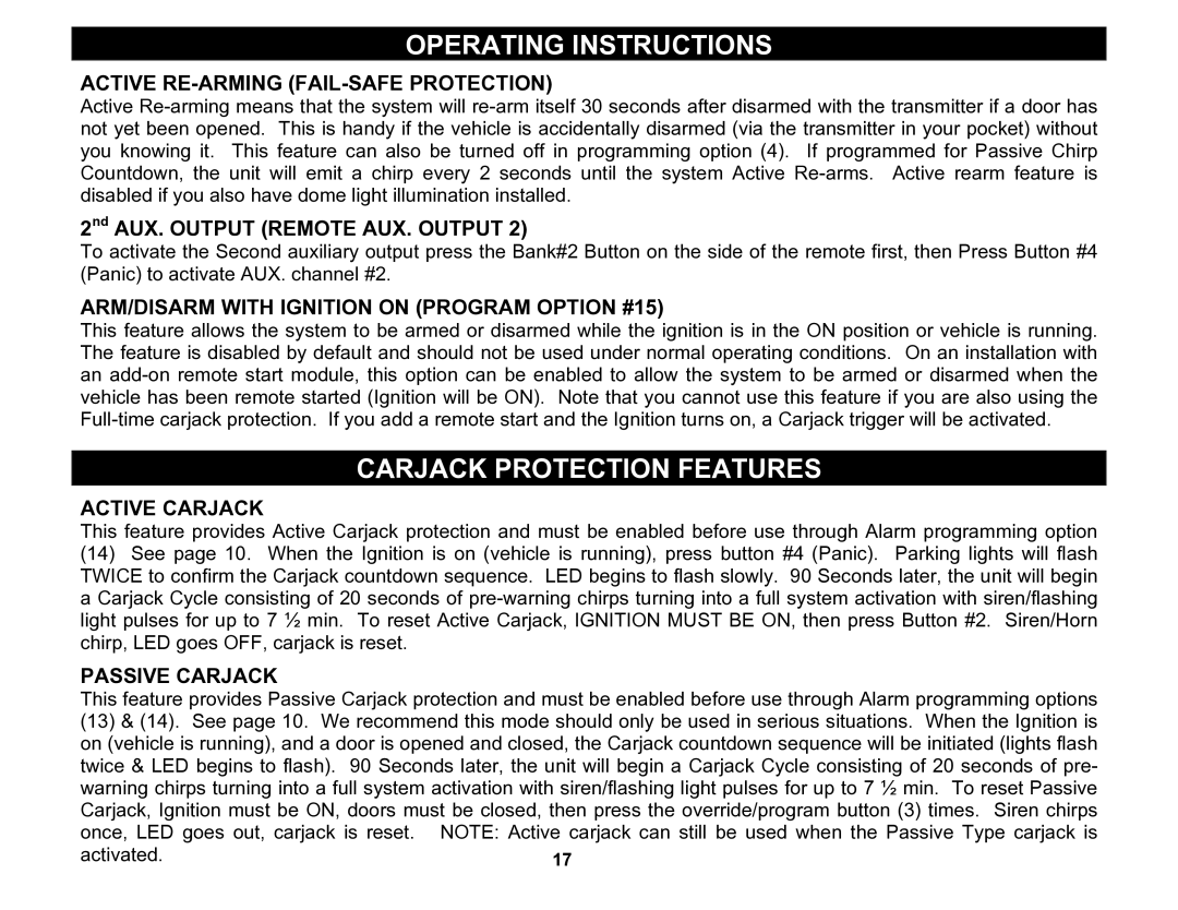 Crimestopper Security Products CS-2002DC manual Carjack Protection Features, Active RE-ARMING FAIL-SAFE Protection 