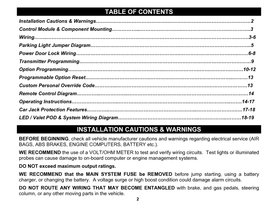 Crimestopper Security Products CS-2002DC manual Table of Contents, Installation Cautions & Warnings 