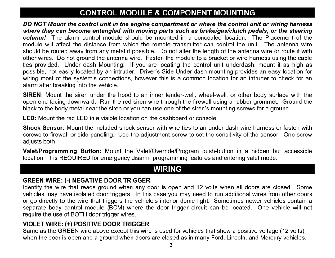 Crimestopper Security Products CS-2002DC Control Module & Component Mounting, Wiring, Green Wire Negative Door Trigger 