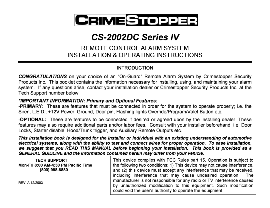 Crimestopper Security Products manual CS-2002DCSeries, Remote Control Alarm System 