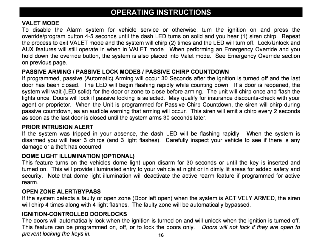 Crimestopper Security Products CS-2002DC manual Valet Mode, Prior Intrusion Alert, Dome Light Illumination Optional 