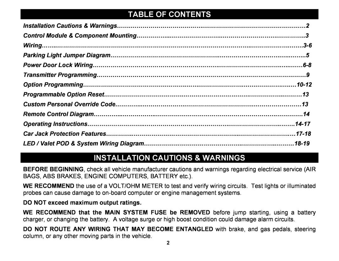 Crimestopper Security Products CS-2002DC manual Table Of Contents, Installation Cautions & Warnings 