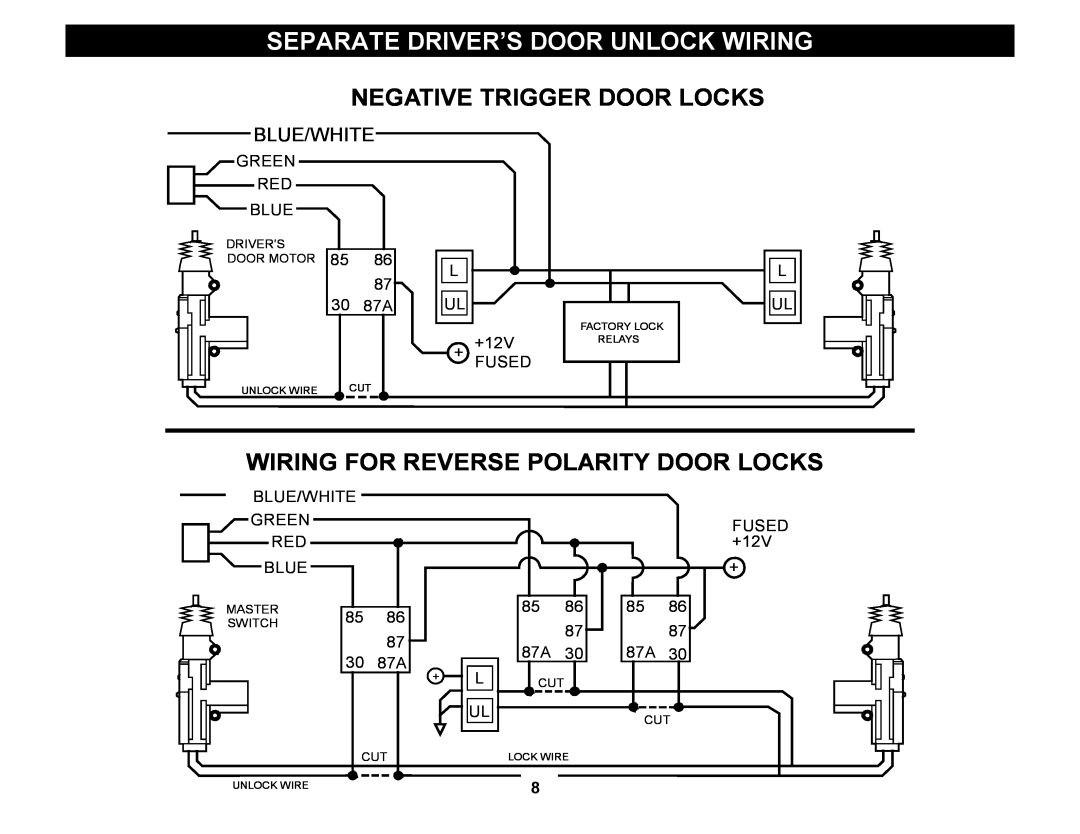 Crimestopper Security Products CS-2002DC manual Separate Driver’S Door Unlock Wiring, Negative Trigger Door Locks 