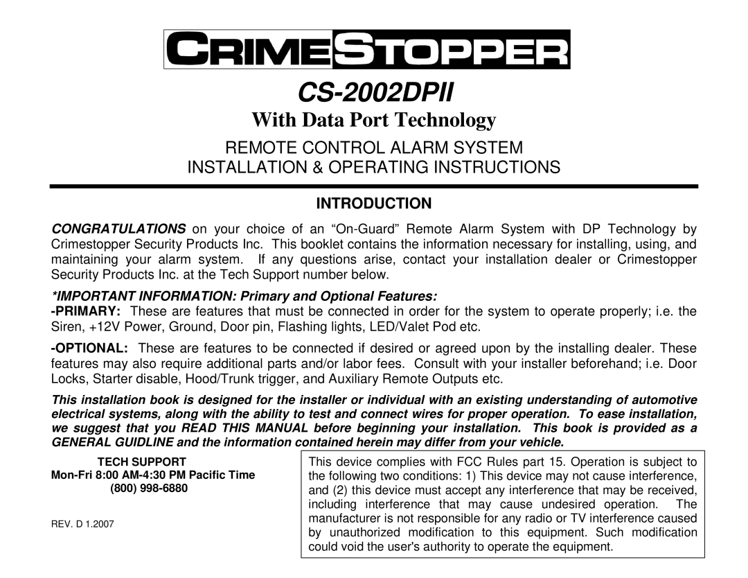 Crimestopper Security Products CS-2002DPII manual 