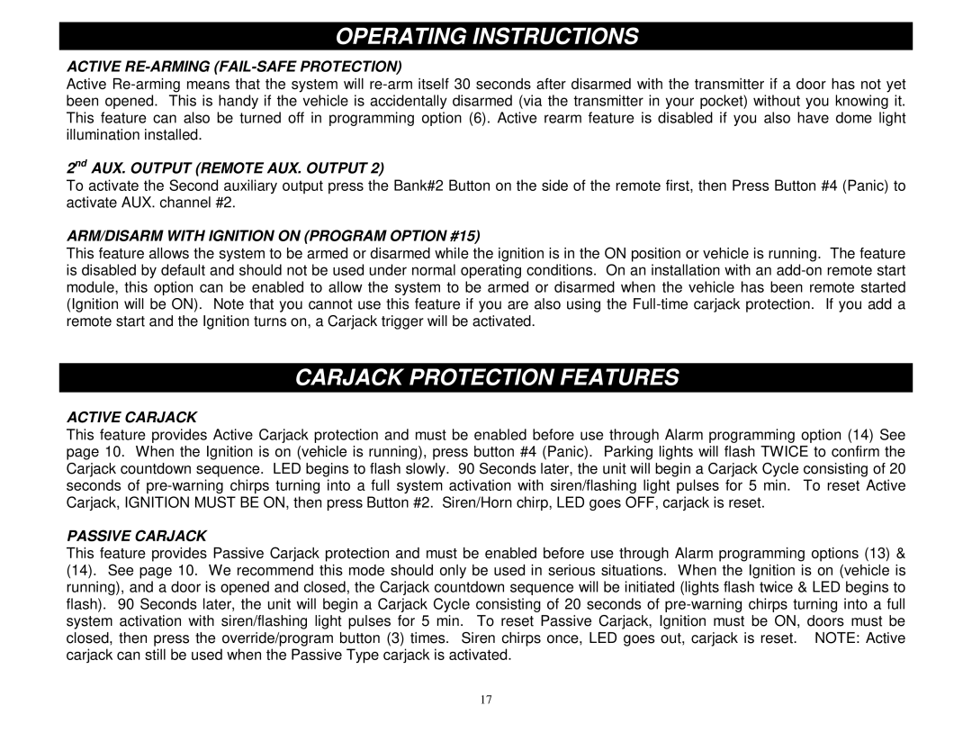 Crimestopper Security Products CS-2002DPII manual Carjack Protection Features, Active RE-ARMING FAIL-SAFE Protection 