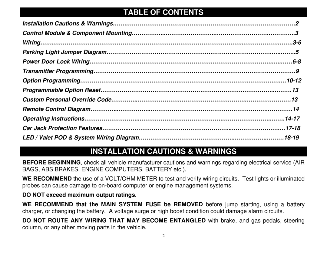 Crimestopper Security Products CS-2002DPII manual Table of Contents, Installation Cautions & Warnings 