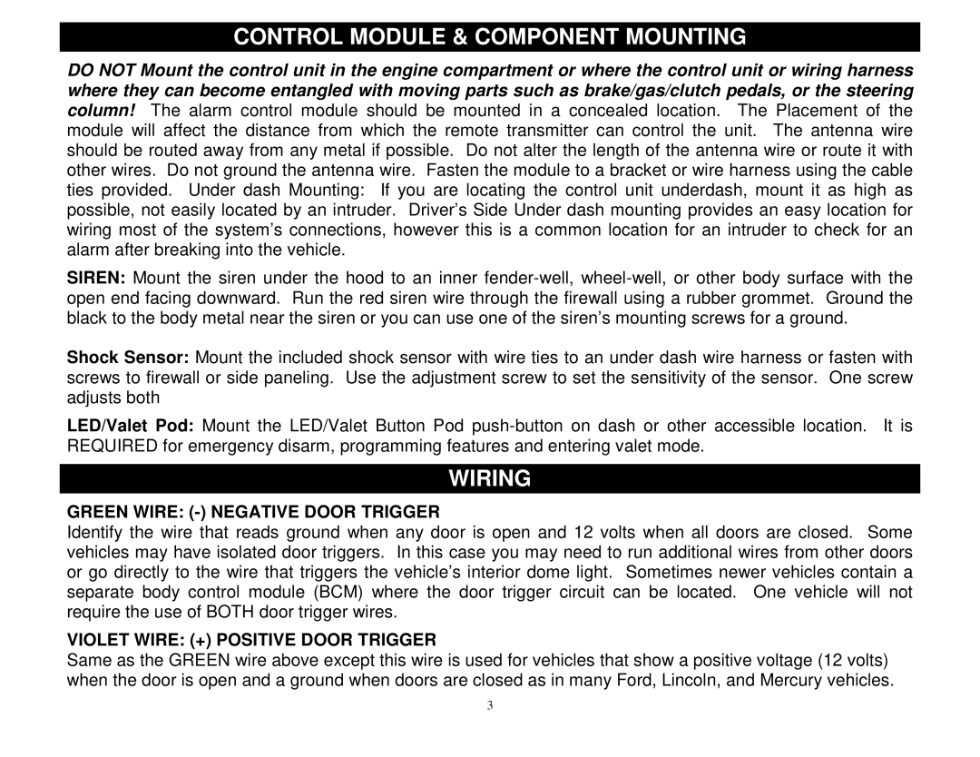 Crimestopper Security Products CS-2002DPII Control Module & Component Mounting, Wiring, Green Wire Negative Door Trigger 