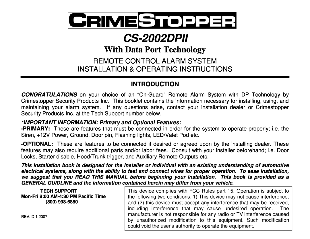 Crimestopper Security Products CS-2002DPII manual With Data Port Technology, Remote Control Alarm System, Introduction 