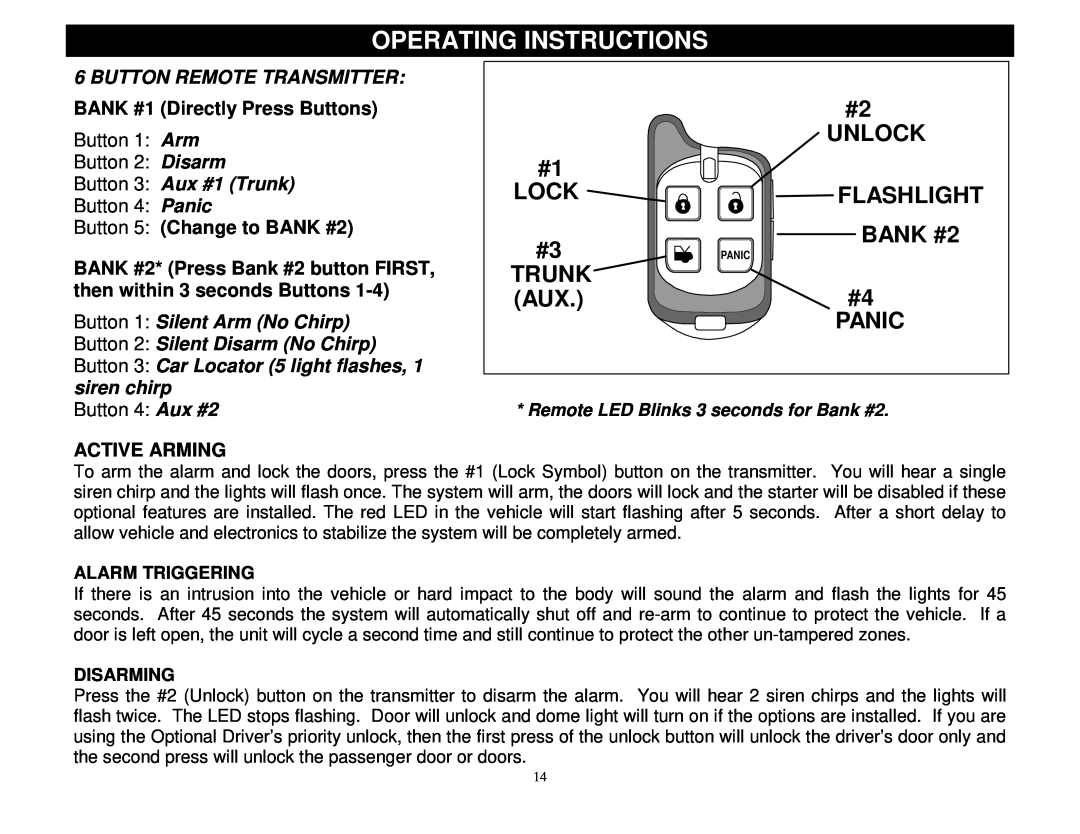 Crimestopper Security Products CS-2002DPII manual Operating Instructions, Unlock, Lock, Flashlight, BANK #2, Trunk, Panic 
