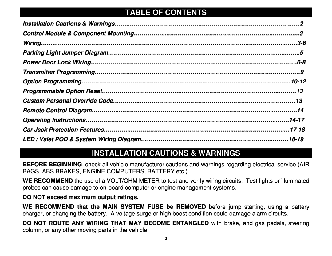 Crimestopper Security Products CS-2002DPII manual Table Of Contents, Installation Cautions & Warnings 
