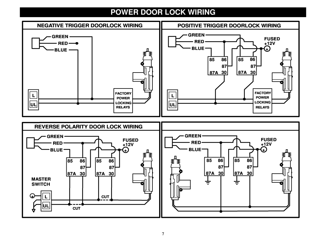 Crimestopper Security Products CS-2002DPII manual Power Door Lock Wiring, Negative Trigger Doorlock Wiring 
