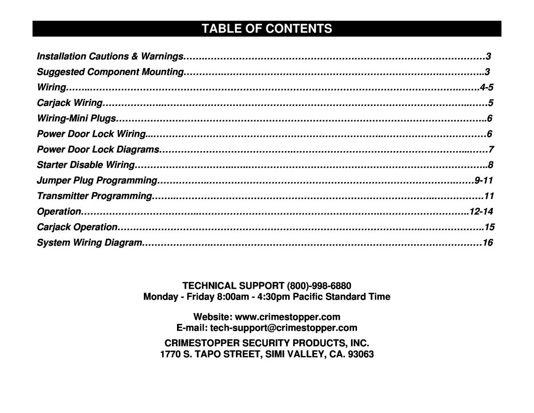 Crimestopper Security Products CS-2004 WDC operating instructions Table Of Contents, Technical Support 