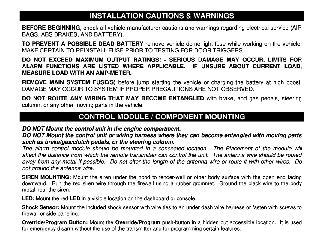 Crimestopper Security Products CS-2004 WDC Installation Cautions & Warnings, Control Module / Component Mounting 