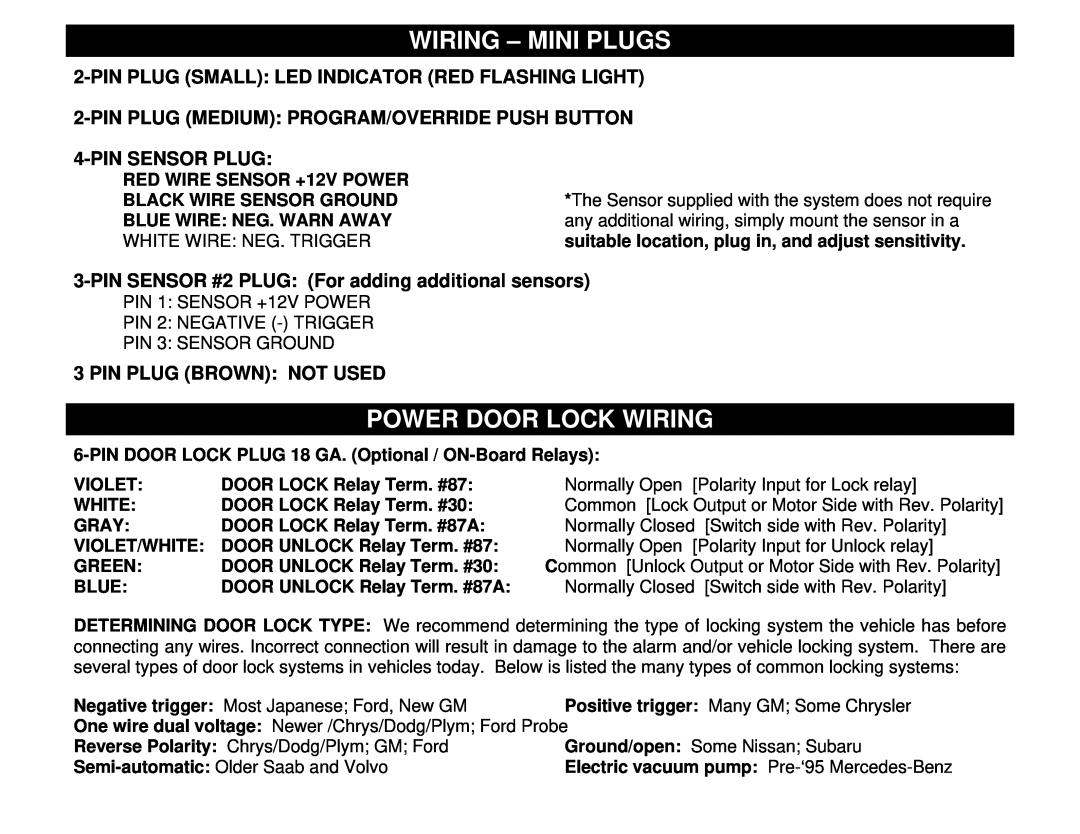 Crimestopper Security Products CS-2004 WDC Wiring - Mini Plugs, Power Door Lock Wiring, Pinsensor Plug 