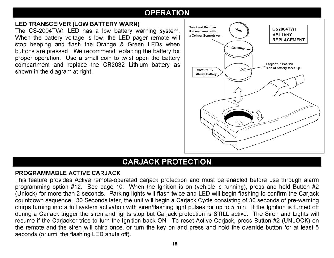 Crimestopper Security Products CS-2004TW1, CS-2004DC manual Carjack Protection, LED Transceiver LOW Battery Warn 