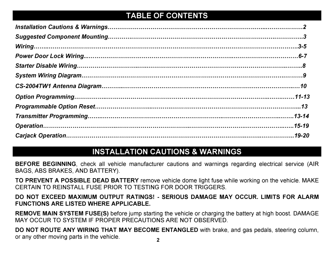 Crimestopper Security Products CS-2004DC, CS-2004TW1 manual Table of Contents, Installation Cautions & Warnings 