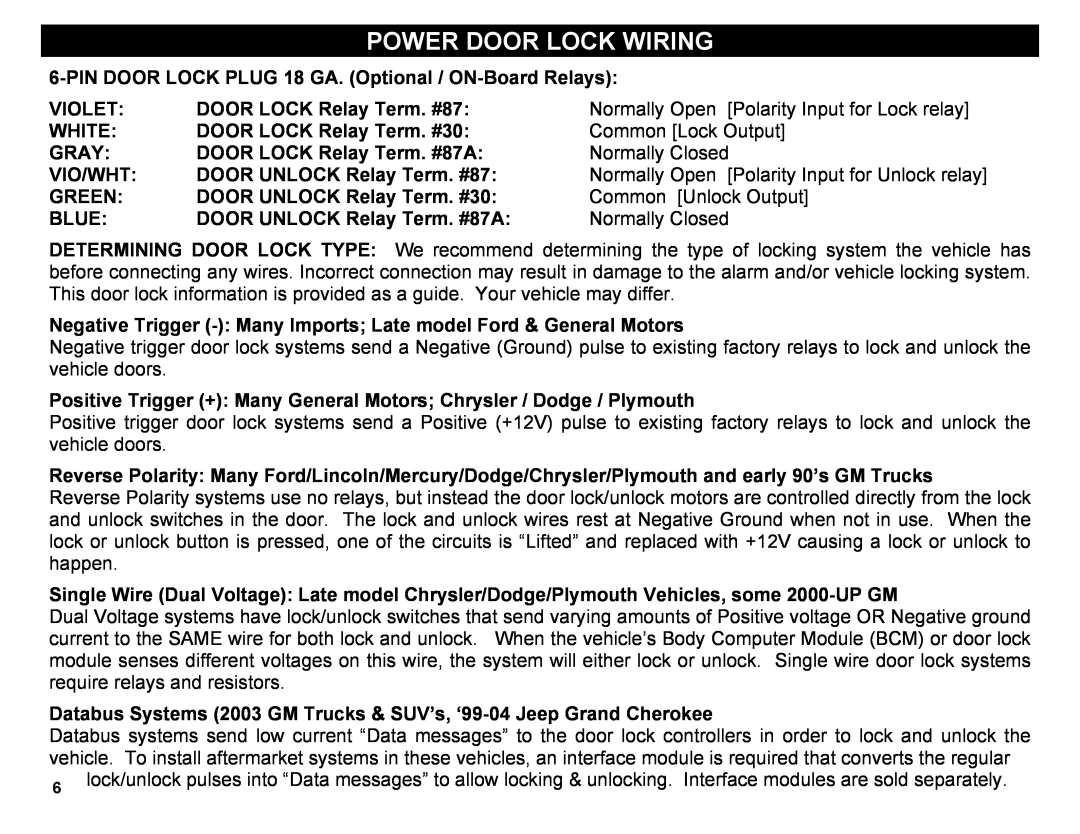 Crimestopper Security Products CS-2004DC Power Door Lock Wiring, Violet, DOOR LOCK Relay Term. #87, White, Gray, Vio/Wht 
