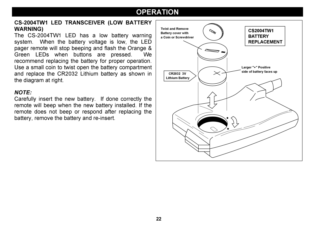 Crimestopper Security Products CS-2004DC II operating instructions CS-2004TW1 LED Transceiver LOW Battery Warning 