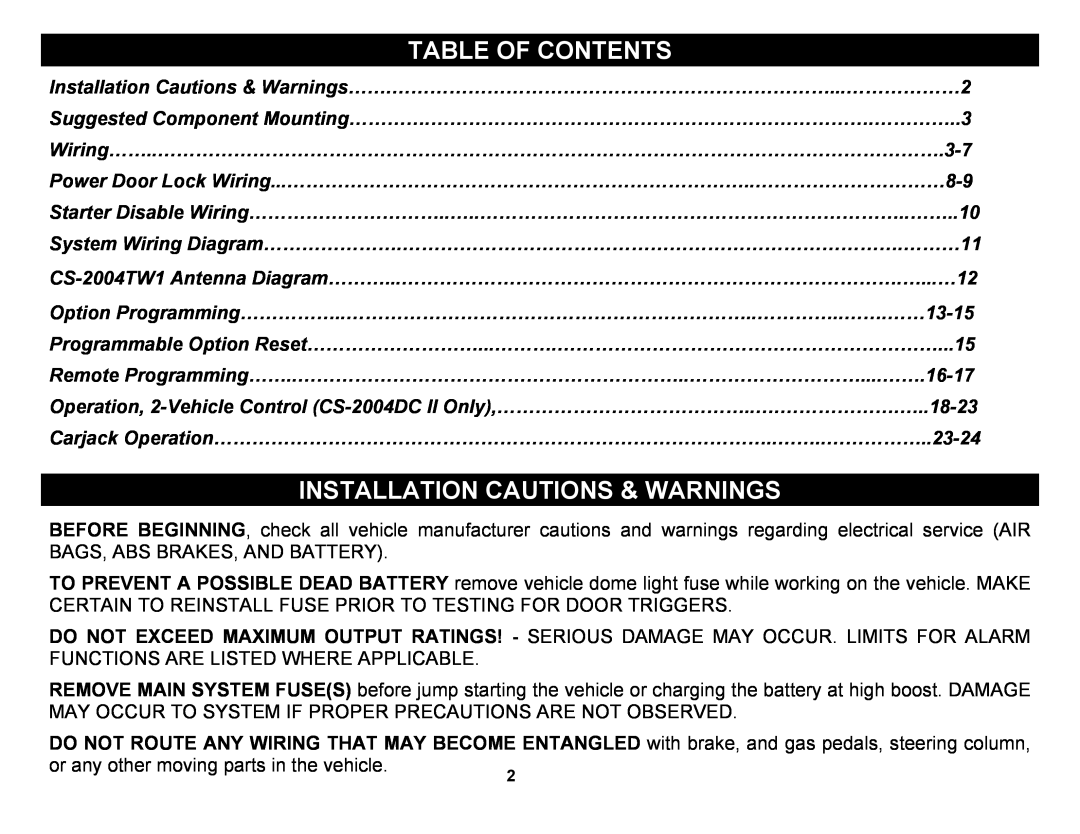 Crimestopper Security Products CS-2004DC II operating instructions Table Of Contents, Installation Cautions & Warnings 