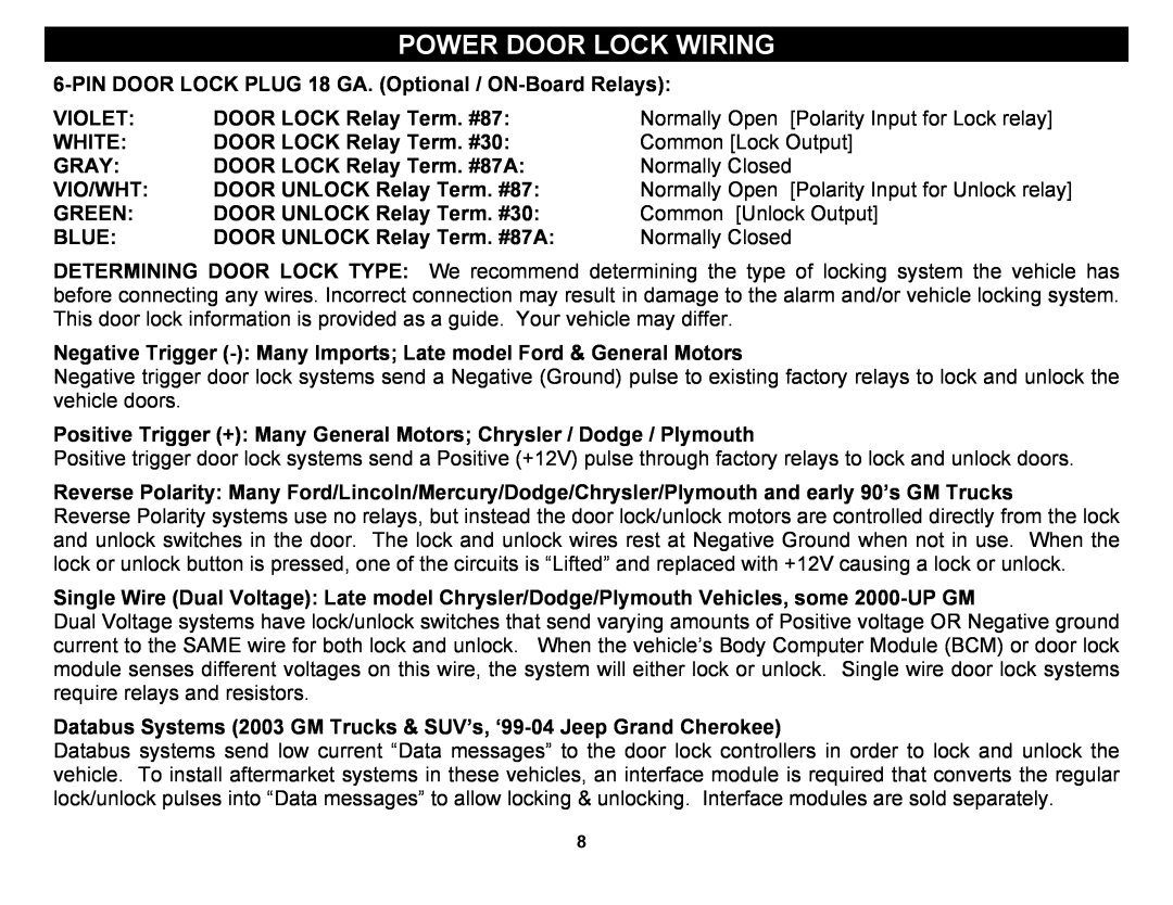 Crimestopper Security Products CS-2004DC II Power Door Lock Wiring, Violet, DOOR LOCK Relay Term. #87, White, Gray, Green 