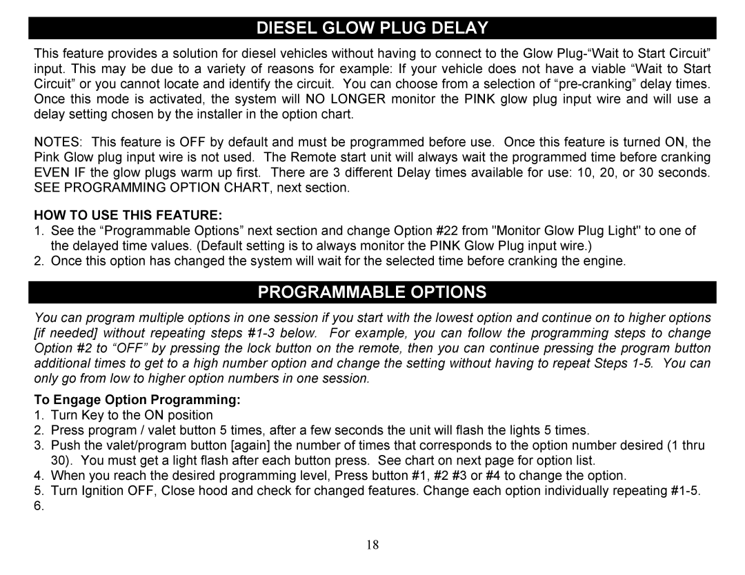 Crimestopper Security Products CS-2012DP-TW1 Diesel Glow Plug Delay, Programmable Options, To Engage Option Programming 