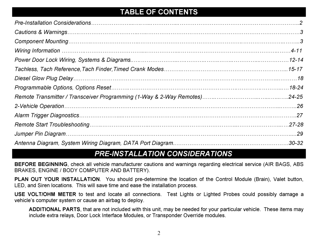 Crimestopper Security Products CS-2012DP-TW1 manual Table of Contents, PR PRE-INSTALLATION Considerations 