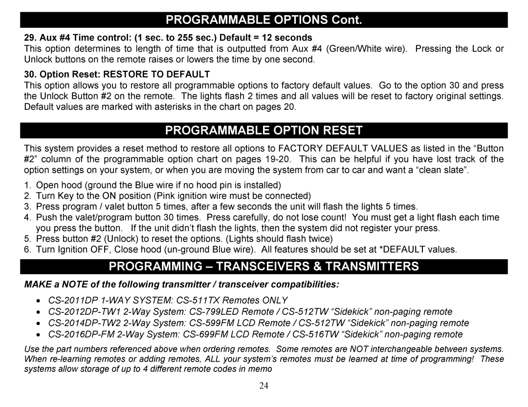Crimestopper Security Products CS-2012DP-TW1 manual Programmable Option Reset, Programming Transceivers & Transmitters 