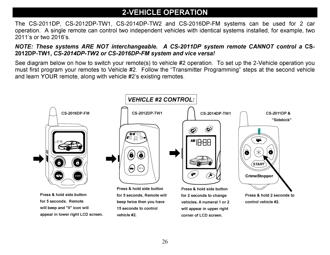 Crimestopper Security Products CS-2012DP-TW1 manual Vehicle Operation, Vehicle #2 Control 