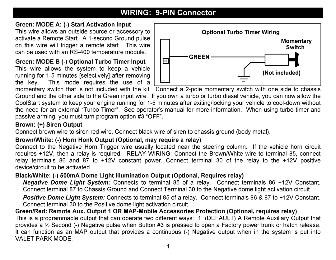 Crimestopper Security Products CS-2012DP-TW1 manual Wiring 9-PIN Connector, Green Mode a Start Activation Input 