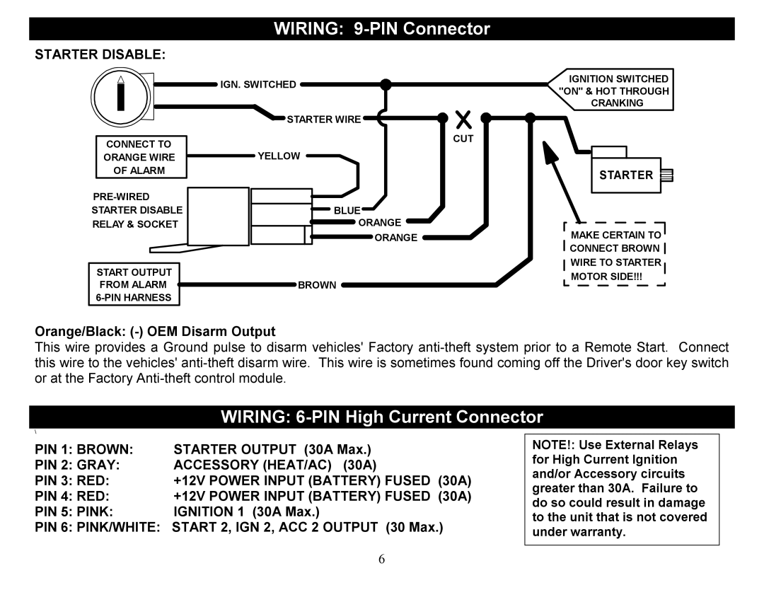 Crimestopper Security Products CS-2012DP-TW1 manual Wiring 6-PIN High Current Connector 