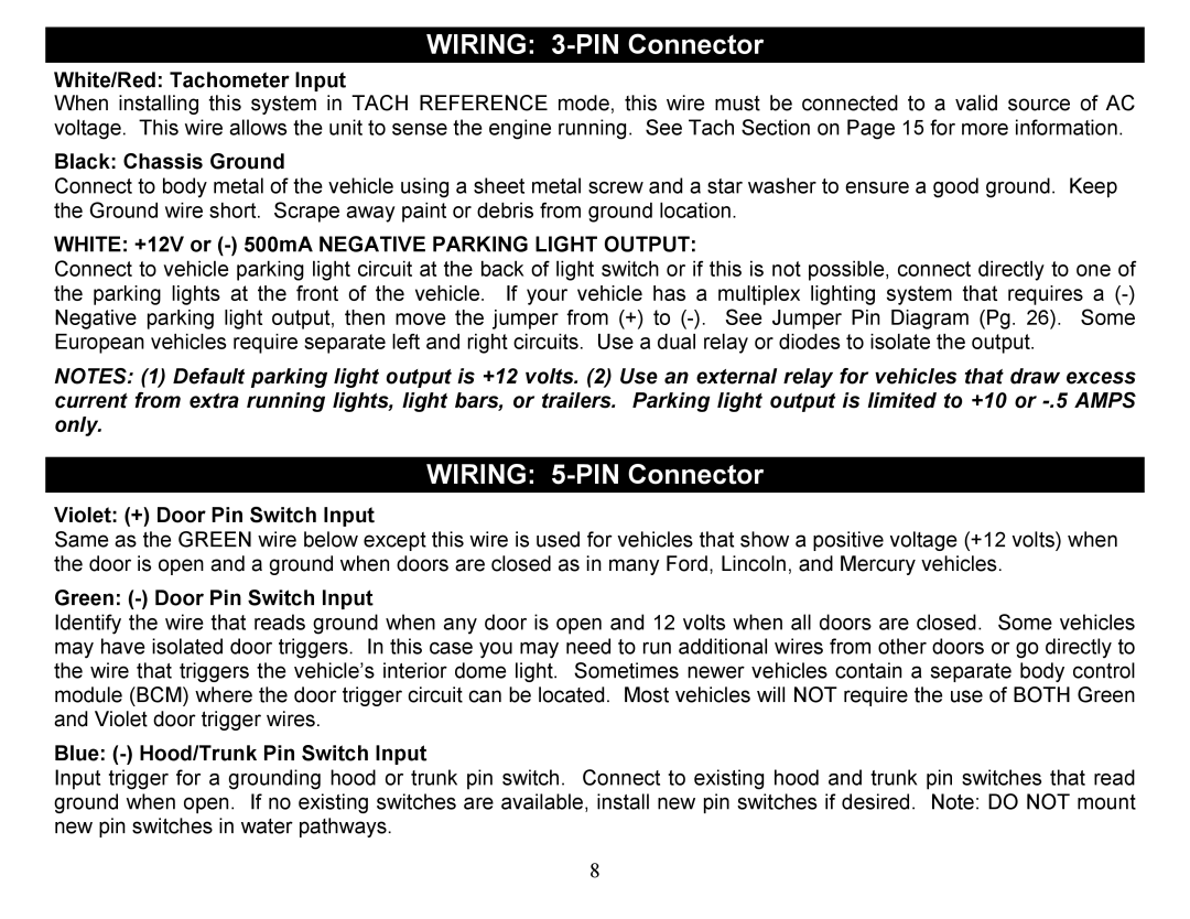 Crimestopper Security Products CS-2012DP-TW1 manual Wiring 3-PIN Connector, Wiring 5-PIN Connector 