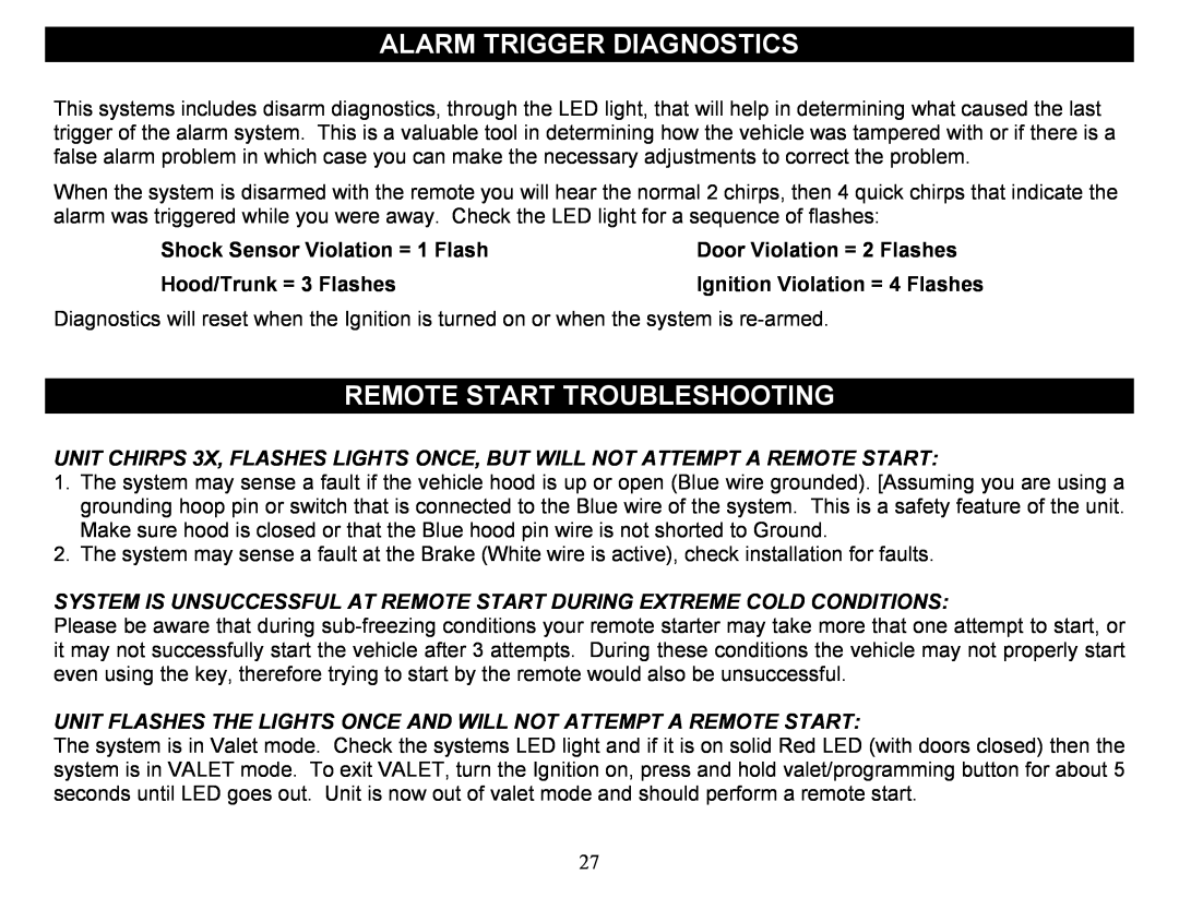 Crimestopper Security Products CS-2012DP-TW1 manual Alarm Trigger Diagnostics, Remote Start Troubleshooting 