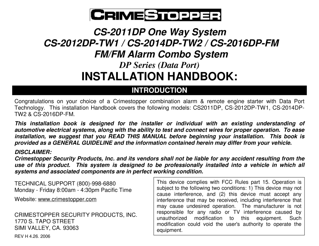 Crimestopper Security Products CS-2014DP-TW2 manual Introduction, Disclaimer 