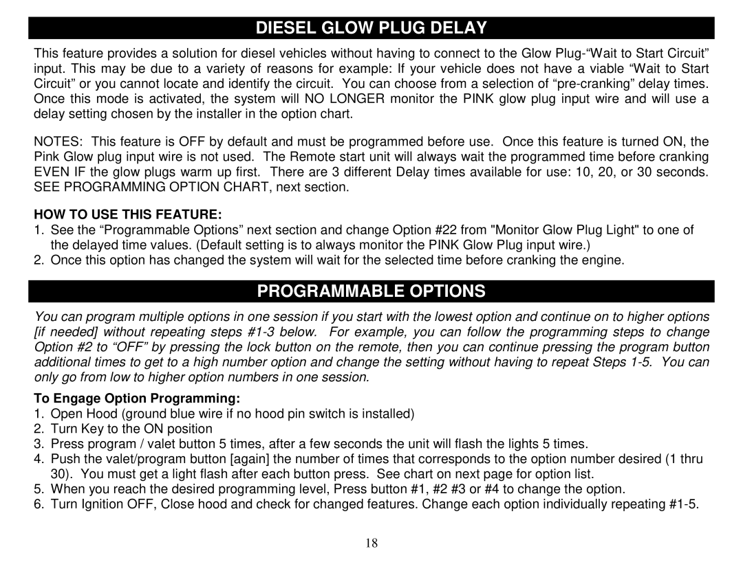 Crimestopper Security Products CS-2014DP-TW2 Diesel Glow Plug Delay, Programmable Options, To Engage Option Programming 