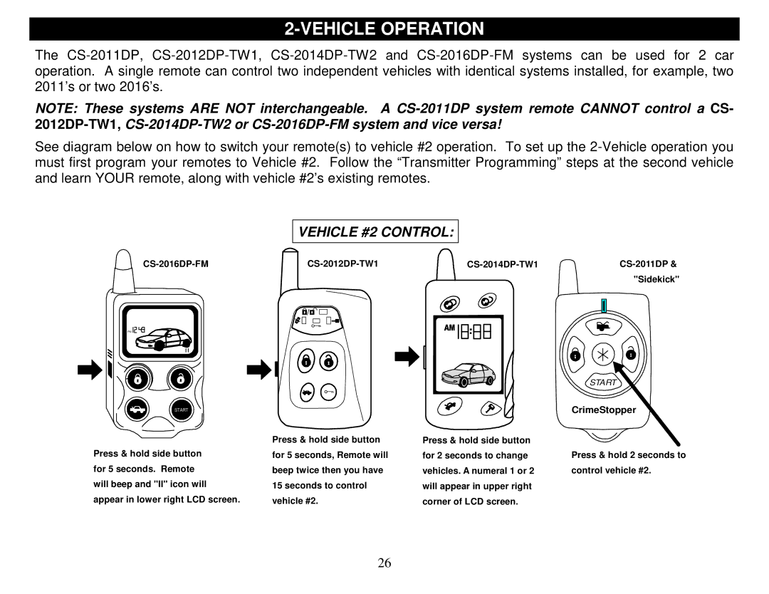 Crimestopper Security Products CS-2014DP-TW2 manual Vehicle Operation, Vehicle #2 Control 