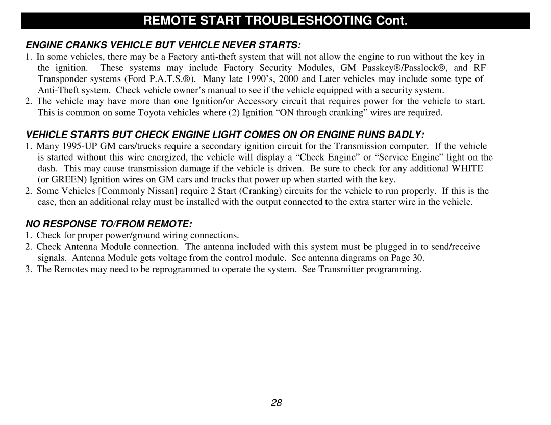 Crimestopper Security Products CS-2014DP-TW2 Remote Start Troubleshooting, Engine Cranks Vehicle but Vehicle Never Starts 