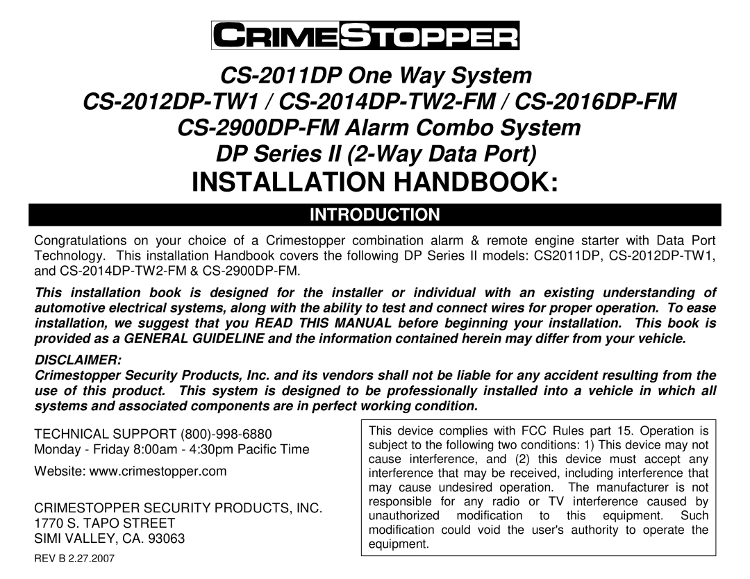 Crimestopper Security Products CS-2012DP-TW1, CS-2900DP-FM, CS-2014DP-TW2-FM, CS2016 Dpfm manual Introduction, Disclaimer 