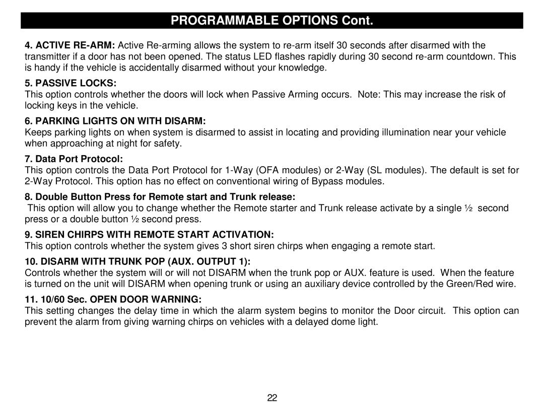 Crimestopper Security Products CS-2014DP-TW2-FM manual Programmable Options, Passive Locks, Parking Lights on with Disarm 