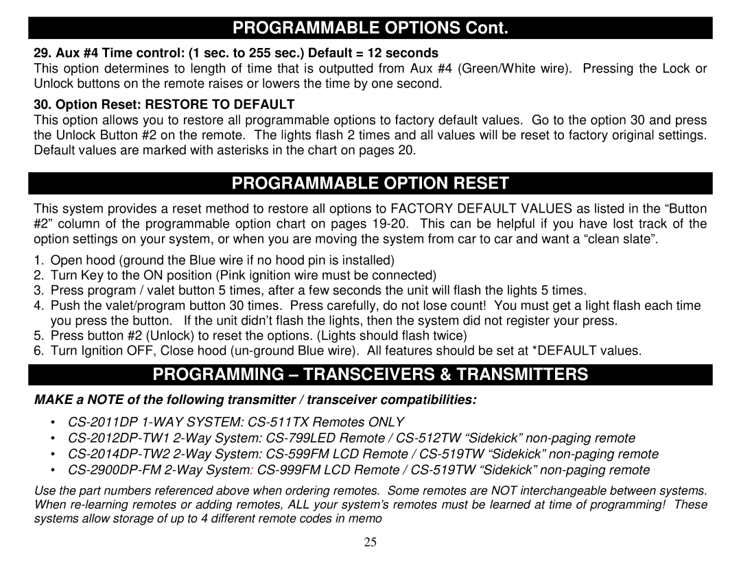 Crimestopper Security Products CS-2900DP-FM, CS-2011DP Programmable Option Reset, Programming Transceivers & Transmitters 