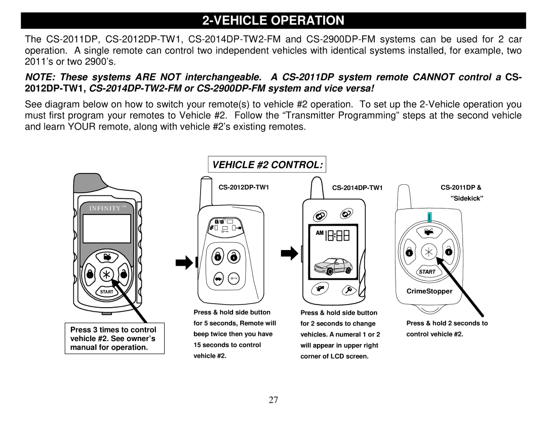 Crimestopper Security Products CS-2014DP-TW2-FM, CS-2900DP-FM, CS-2012DP-TW1 manual Vehicle Operation, Vehicle #2 Control 