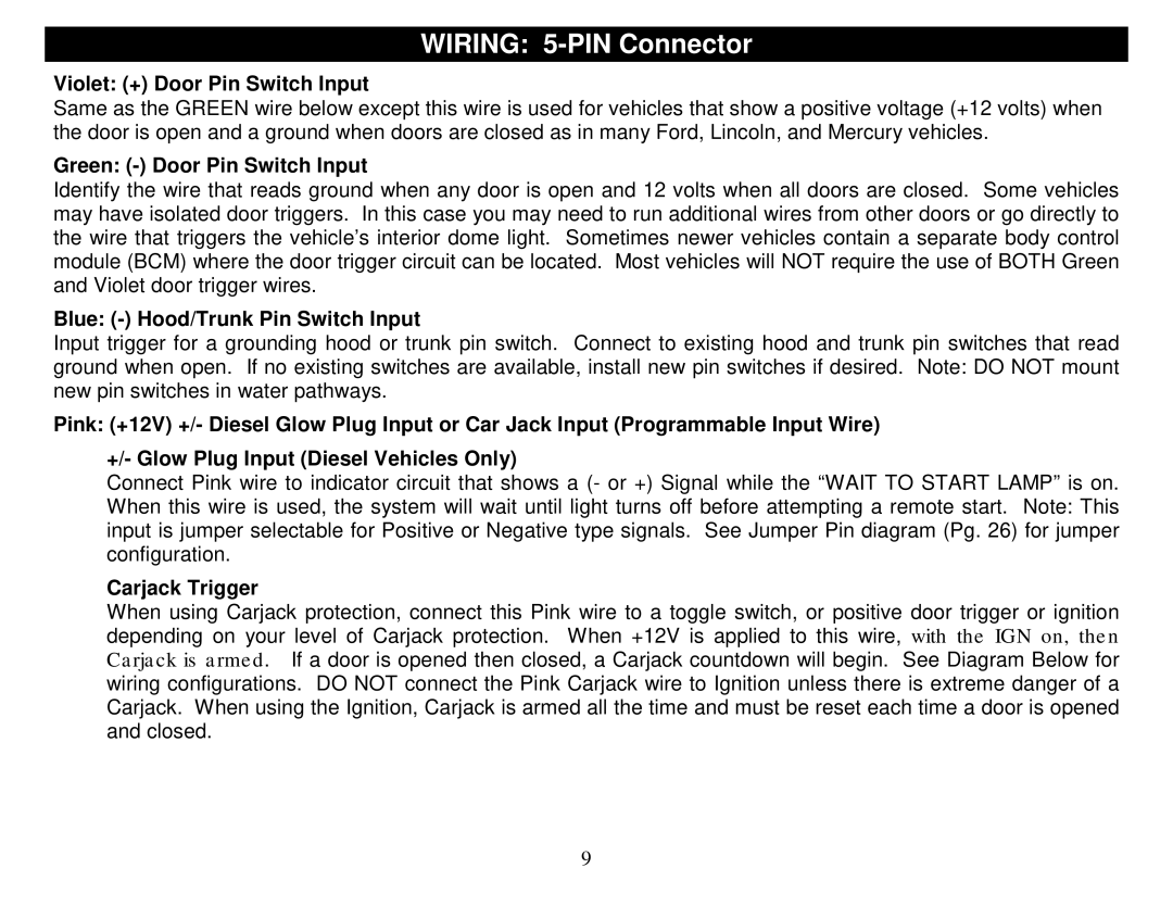 Crimestopper Security Products CS-2011DP manual Wiring 5-PIN Connector, Violet + Door Pin Switch Input, Carjack Trigger 