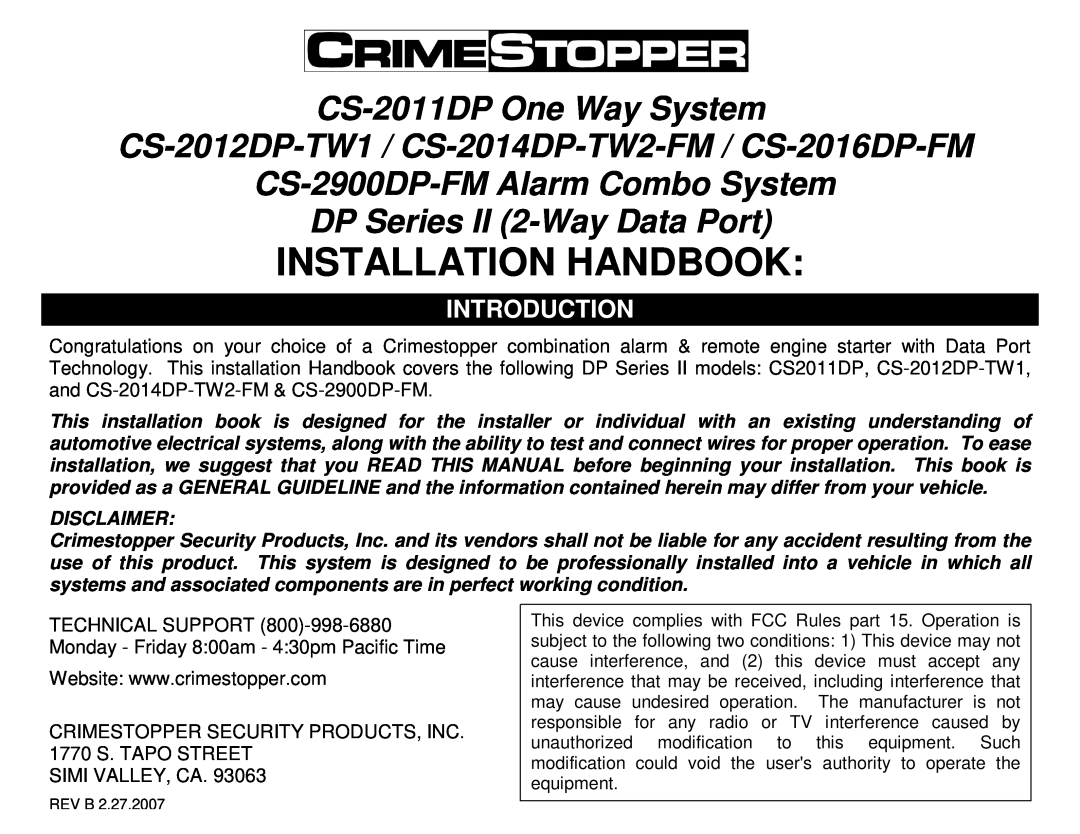 Crimestopper Security Products CS-2012DP-TW1, CS-2900DP-FM manual Introduction, Disclaimer, Installation Handbook, Rev B 
