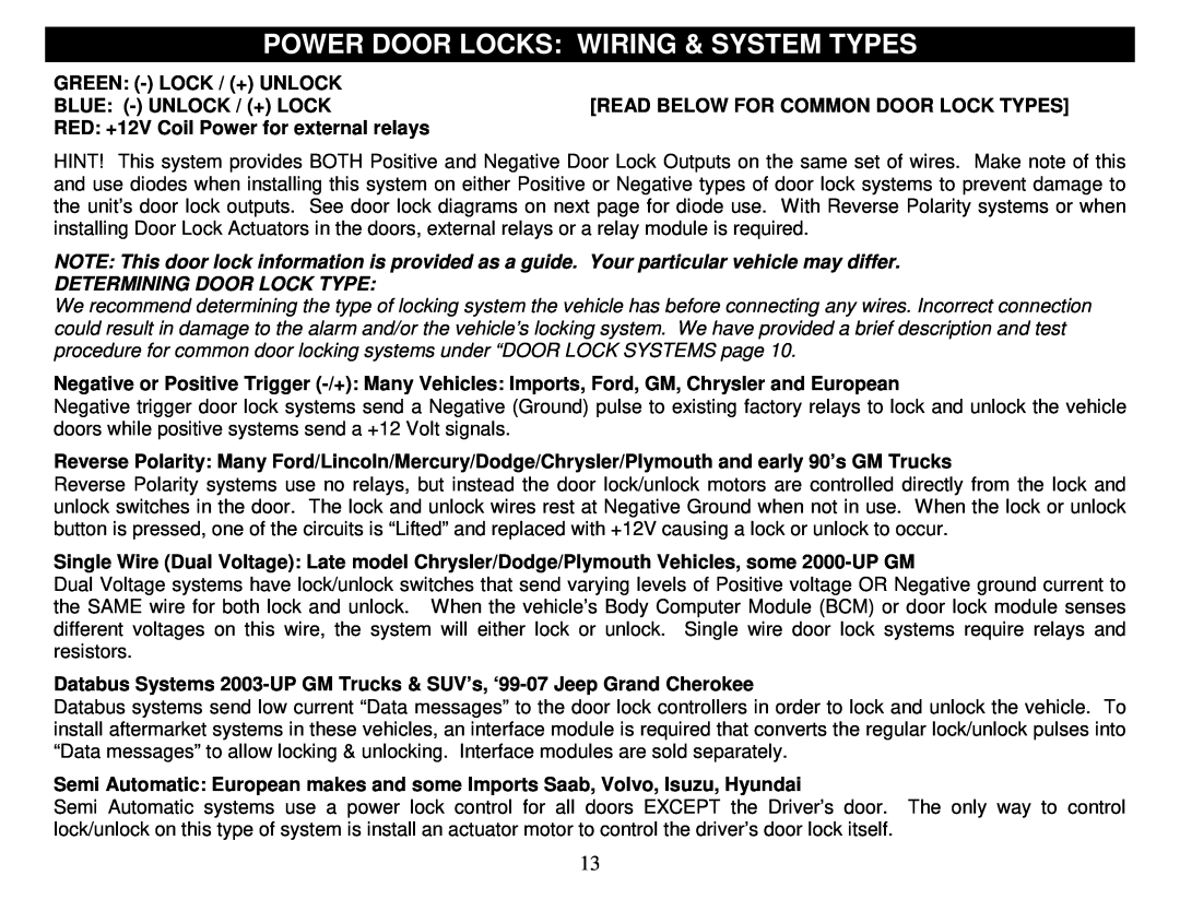 Crimestopper Security Products CS2016 Dpfm, CS-2011DP Power Door Locks Wiring & System Types, Determining Door Lock Type 