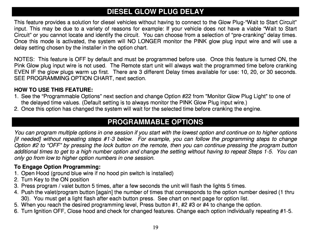 Crimestopper Security Products CS-2011DP manual Diesel Glow Plug Delay, Programmable Options, To Engage Option Programming 
