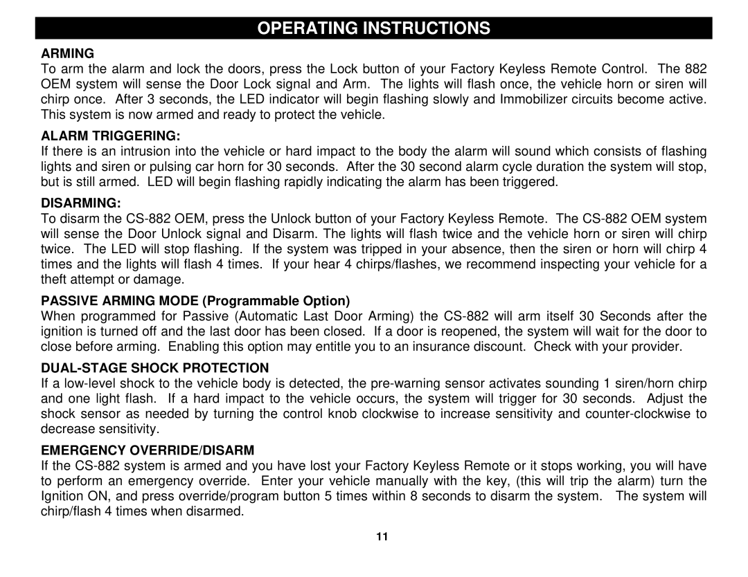 Crimestopper Security Products CS-882 OEM operating instructions Operating Instructions 