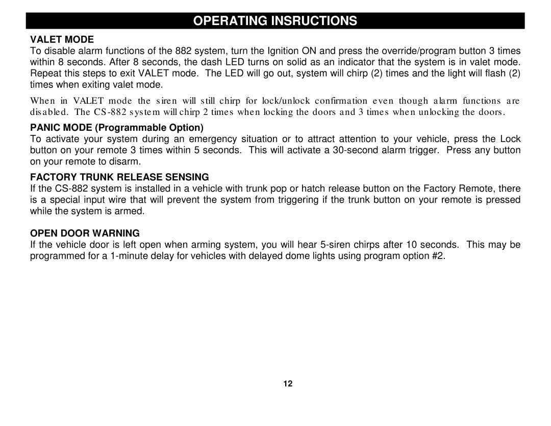 Crimestopper Security Products CS-882 OEM Operating Insructions, Valet Mode, Panic Mode Programmable Option 