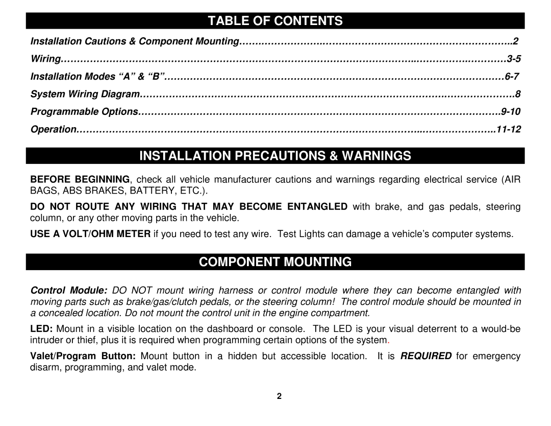 Crimestopper Security Products CS-882 OEM Table of Contents, Installation Precautions & Warnings, Component Mounting 