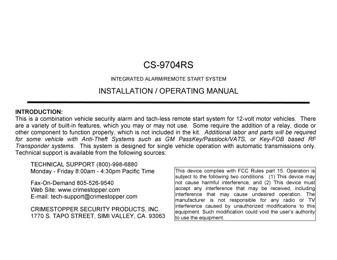 Crimestopper Security Products manual CS-9704RS, Introduction 