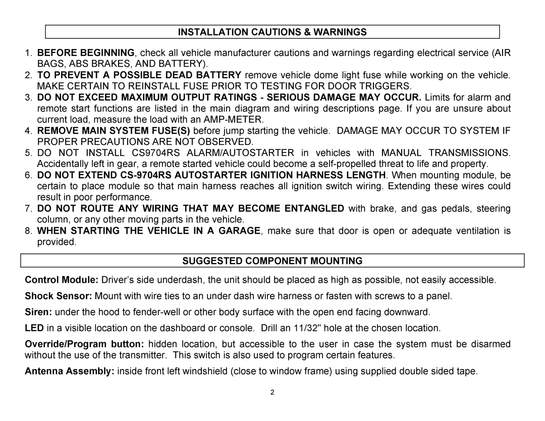 Crimestopper Security Products CS-9704 manual Installation Cautions & Warnings, BAGS, ABS BRAKES, and Battery 