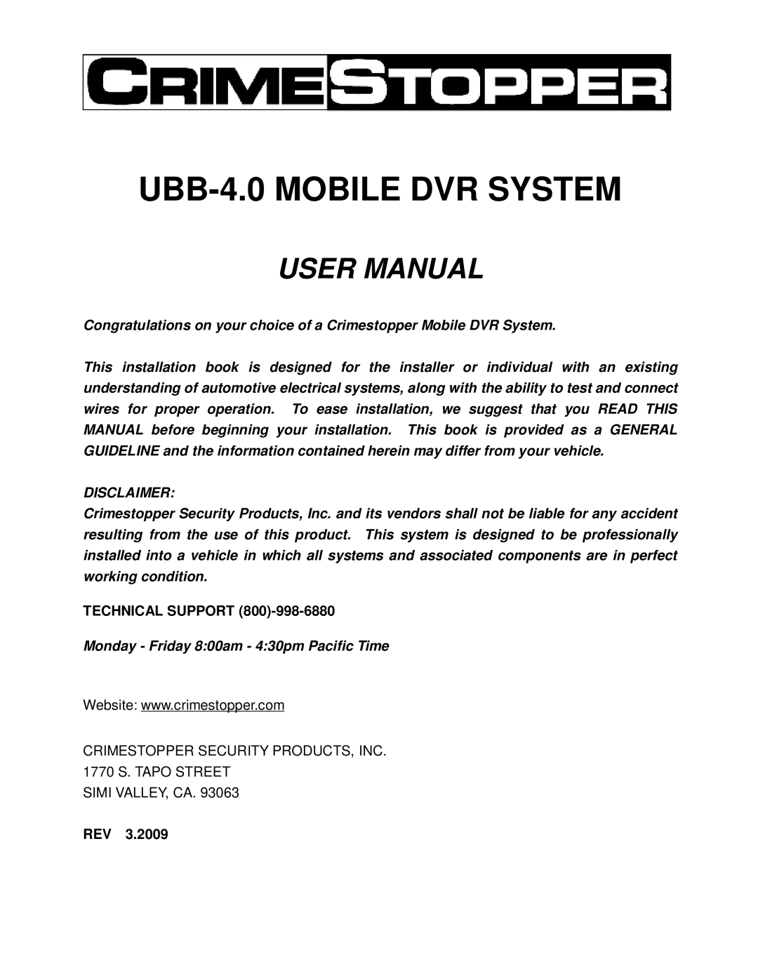 Crimestopper Security Products user manual UBB-4.0 Mobile DVR System 